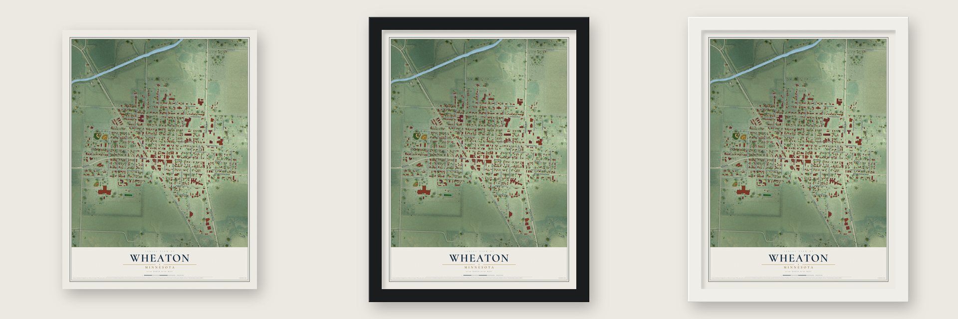 Wheaton, Minnesota map unframed, in a black wood frame and in a white wood frame