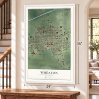 Wheaton, Minnesota map, 24 x 36 inch print in a white frame by a staircase
