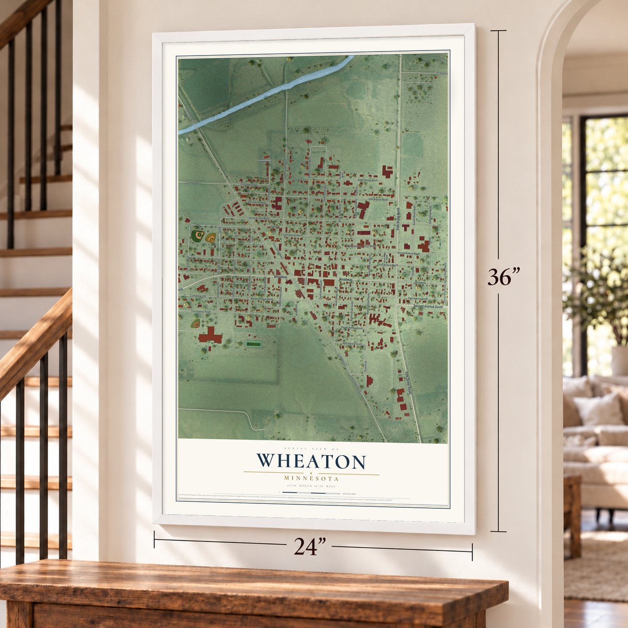 Wheaton, Minnesota map, 24 x 36 inch print in a white frame by a staircase