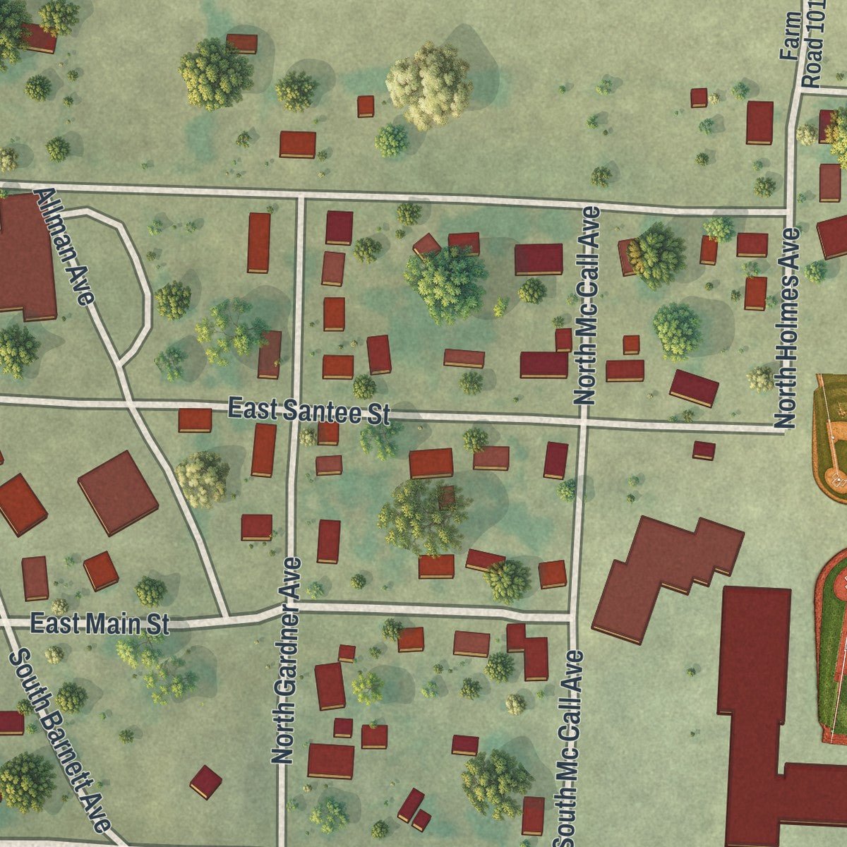 Second close-up of the map of Wheaton, Missouri print showing more streets and buildings