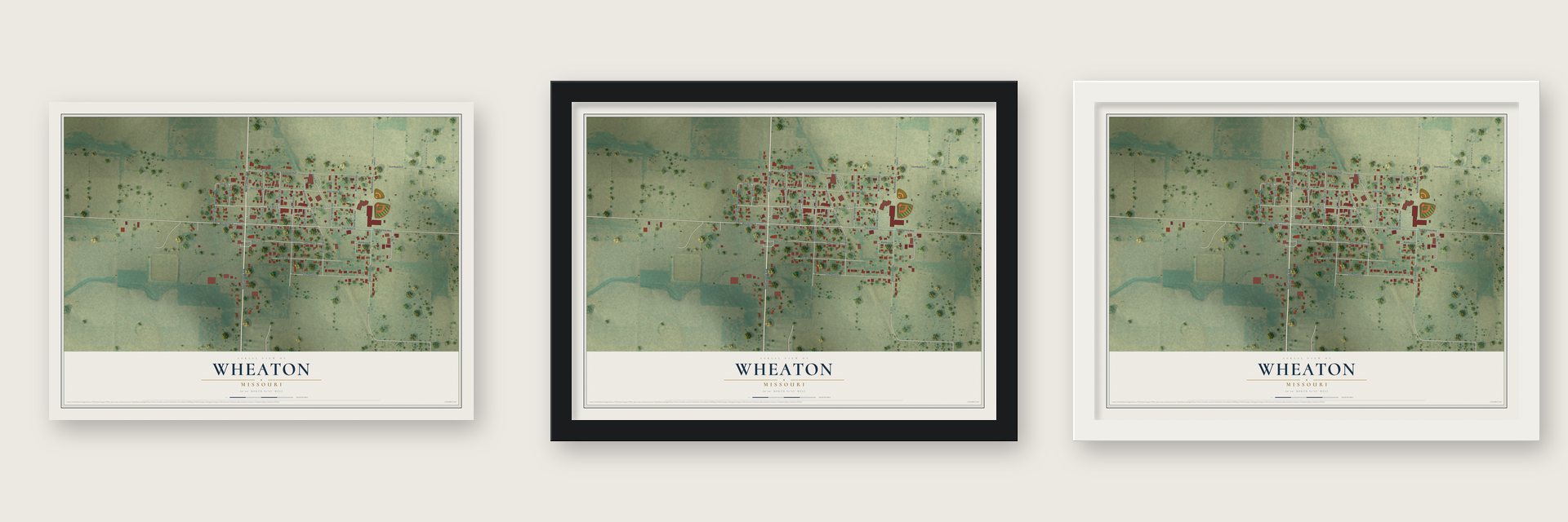 Wheaton, Missouri map unframed, in a black wood frame and in a white wood frame