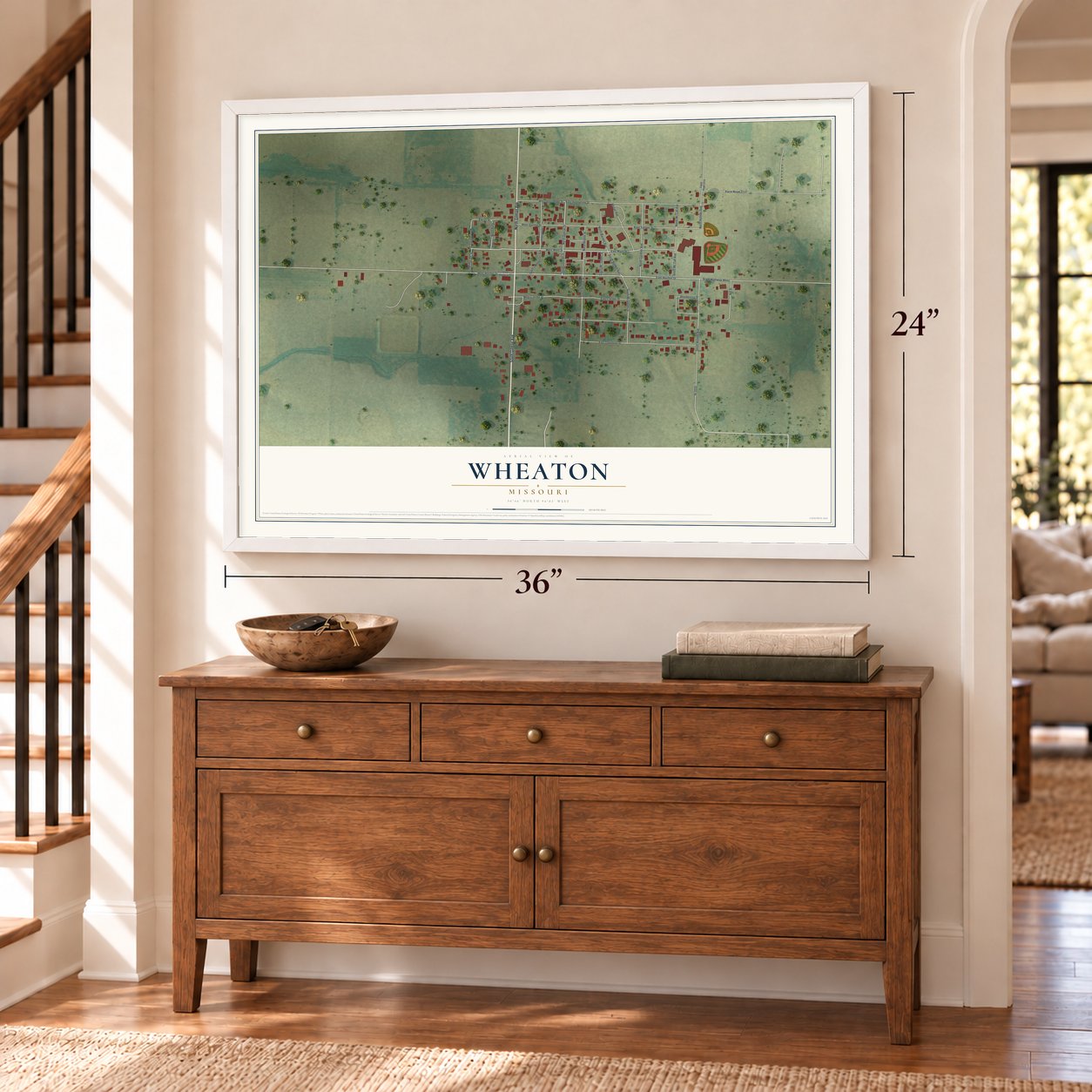 Wheaton, Missouri map, 24 x 36 inch print in a white frame above a dresser by a staircase