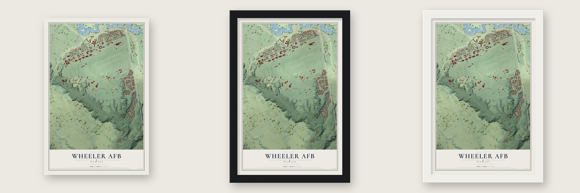 Wheeler AFB, Hawaii map unframed, in a black wood frame and in a white wood frame