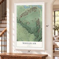 Wheeler AFB, Hawaii map, 24 x 36 inch print in a white frame by a staircase