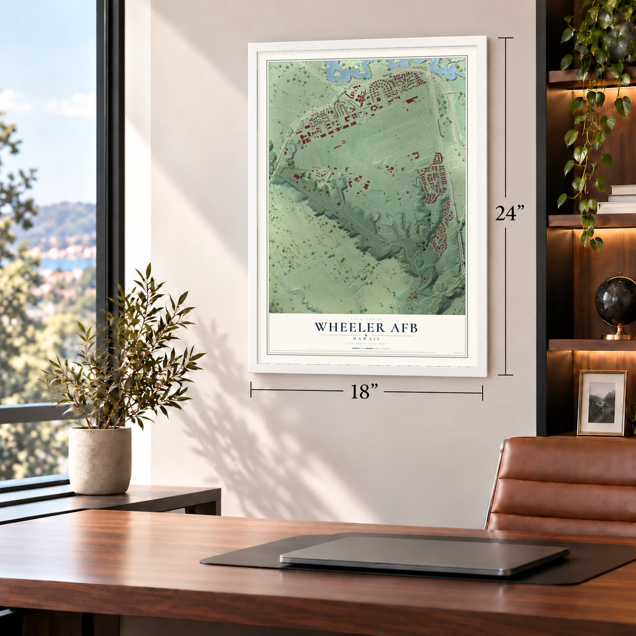 Wheeler AFB, Hawaii map, 18 x 24 inch print in a white frame in a home office