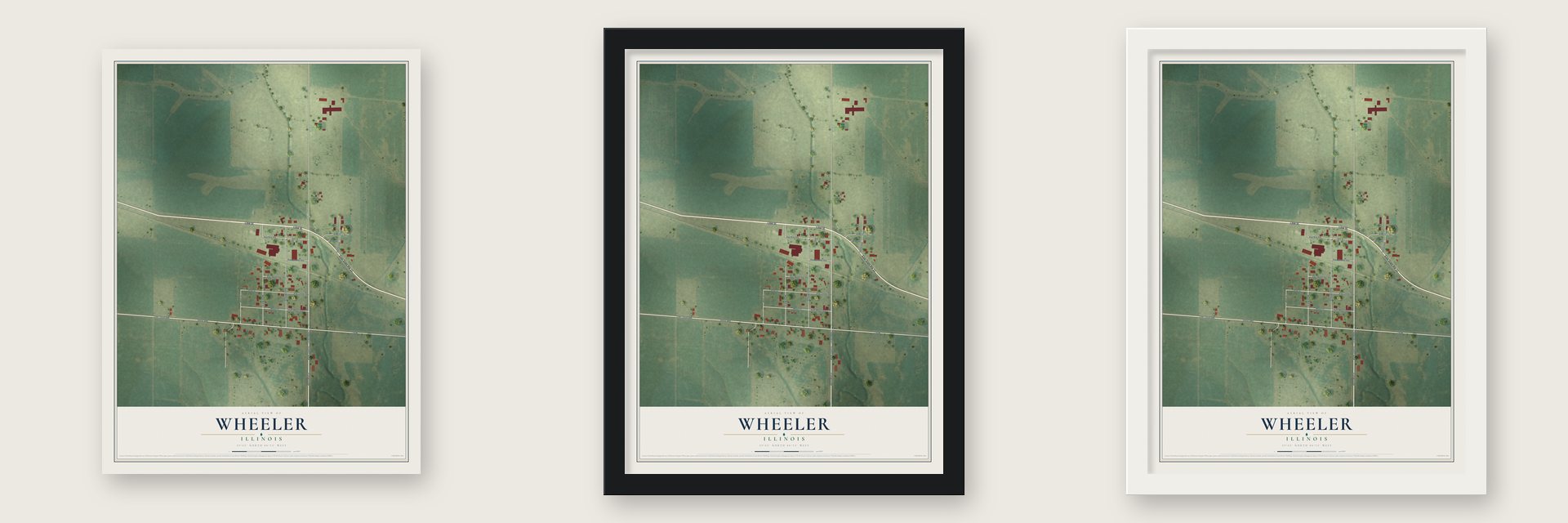 Wheeler, Illinois map unframed, in a black wood frame and in a white wood frame