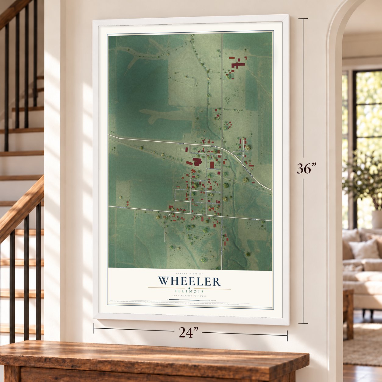 Wheeler, Illinois map, 24 x 36 inch print in a white frame by a staircase
