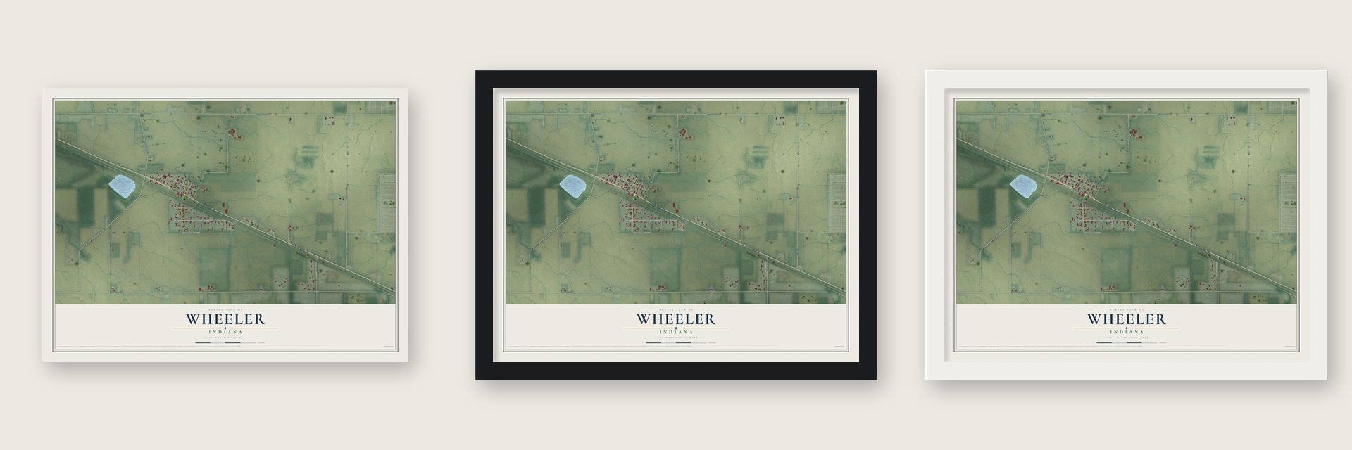 Wheeler, Indiana map unframed, in a black wood frame and in a white wood frame