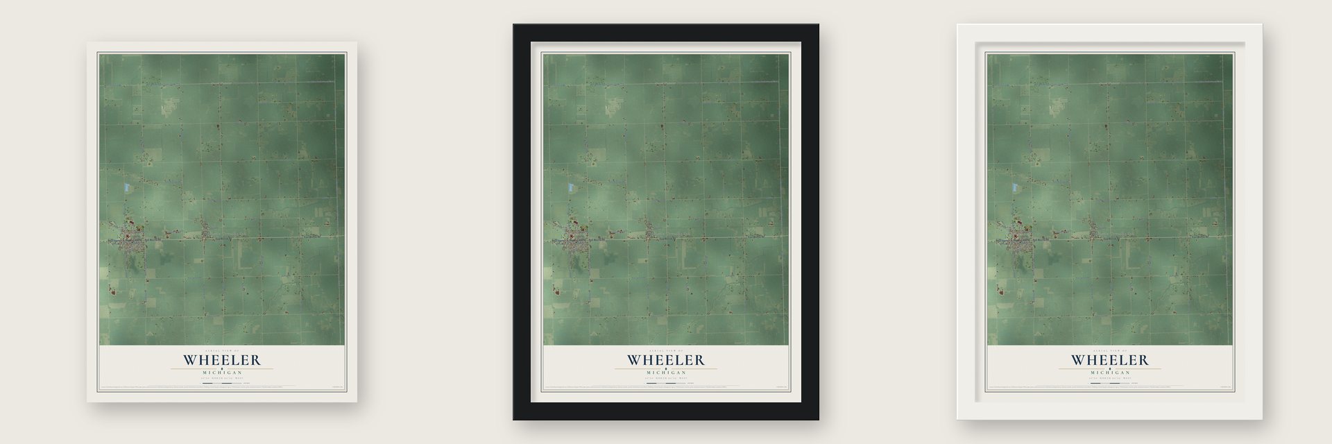 Wheeler, Michigan map unframed, in a black wood frame and in a white wood frame