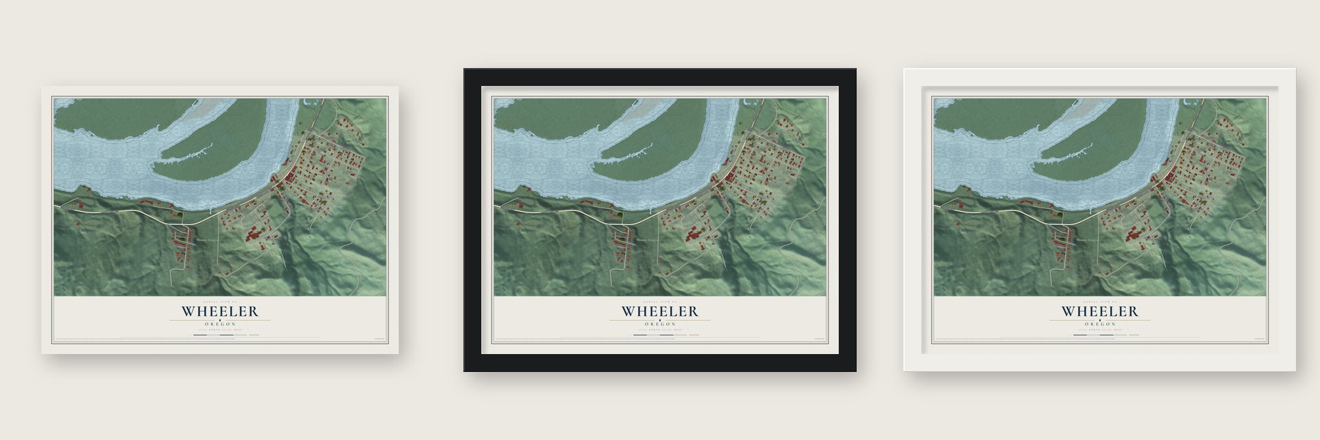Wheeler, Oregon map unframed, in a black wood frame and in a white wood frame