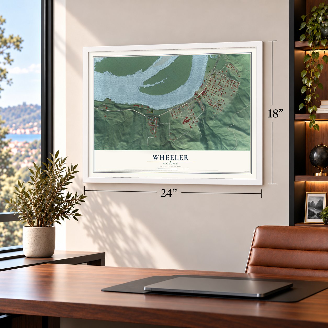 Wheeler, Oregon map, 18 x 24 inch print in a white frame in a home office