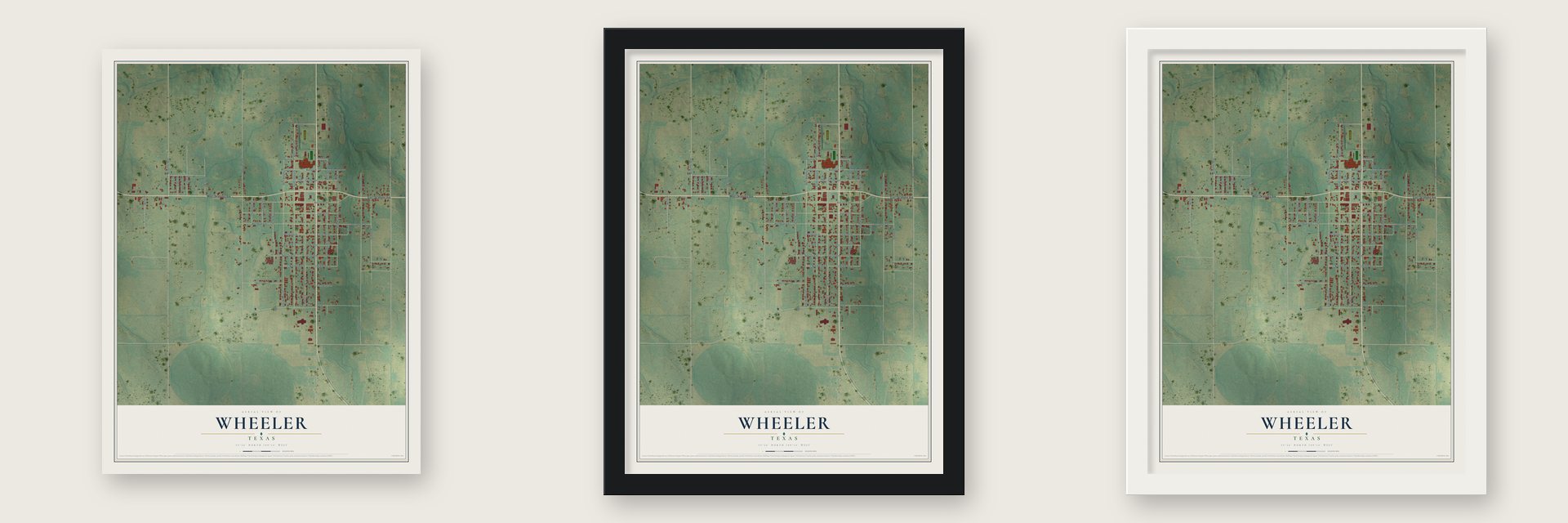 Wheeler, Texas map unframed, in a black wood frame and in a white wood frame