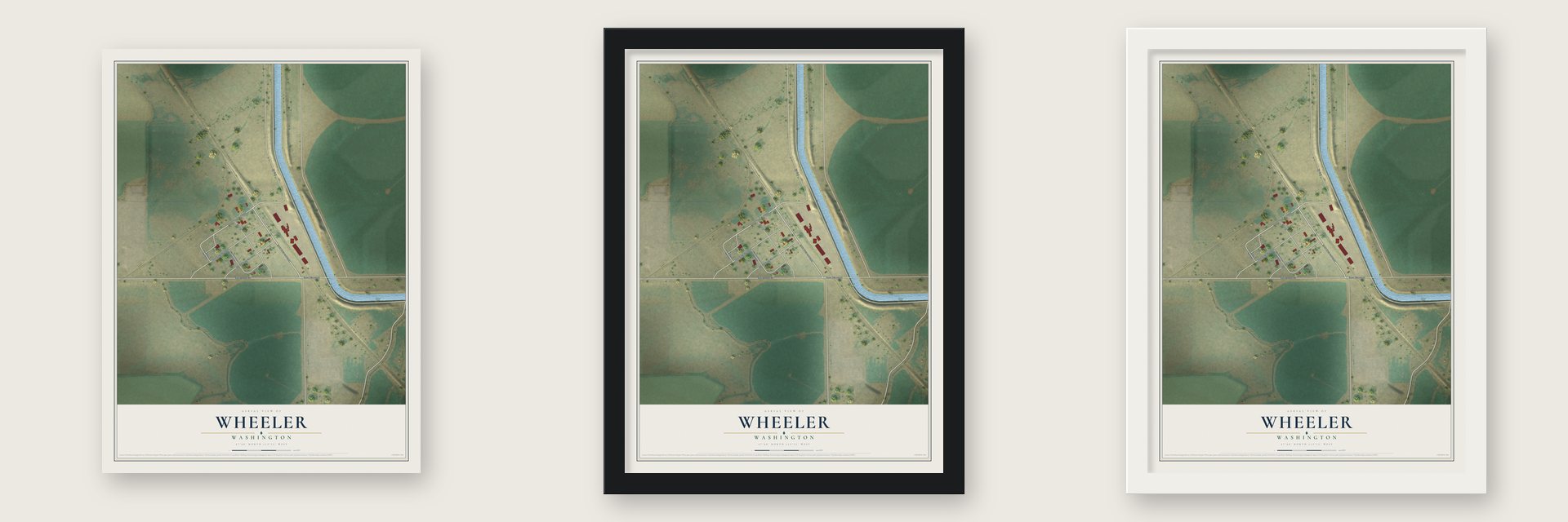 Wheeler, Washington map unframed, in a black wood frame and in a white wood frame