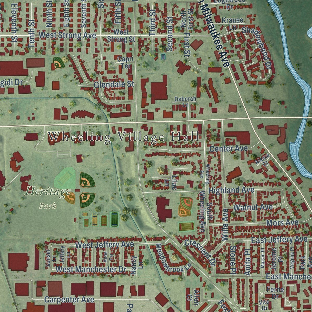 Second close-up of the map of Wheeling, Illinois print showing more streets and buildings