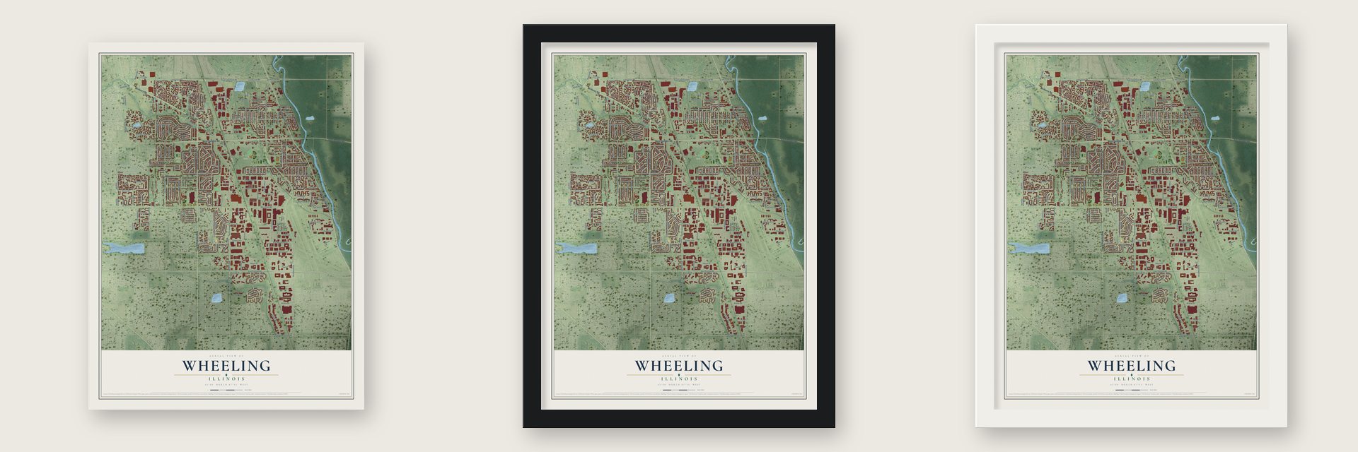 Wheeling, Illinois map unframed, in a black wood frame and in a white wood frame