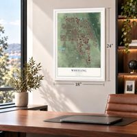Wheeling, Illinois map, 18 x 24 inch print in a white frame in a home office