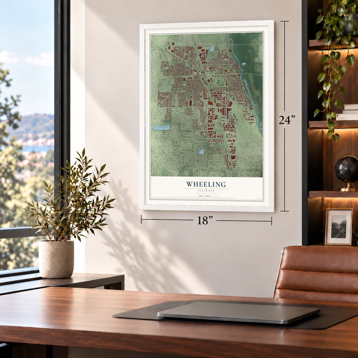 Wheeling, Illinois map, 18 x 24 inch print in a white frame in a home office