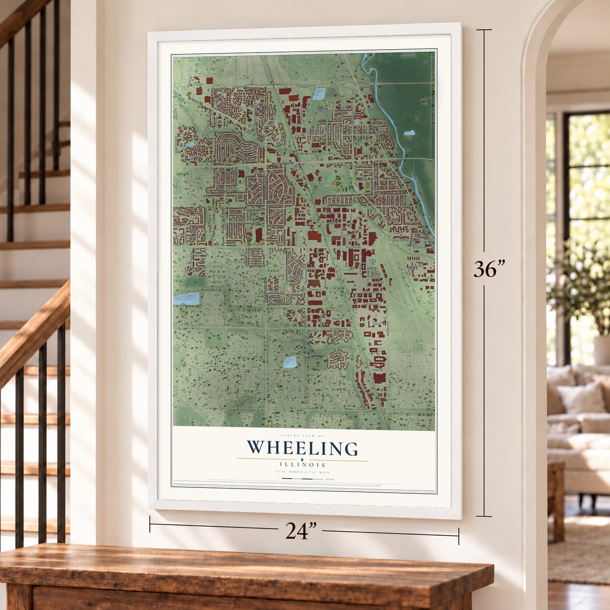 Wheeling, Illinois map, 24 x 36 inch print in a white frame by a staircase