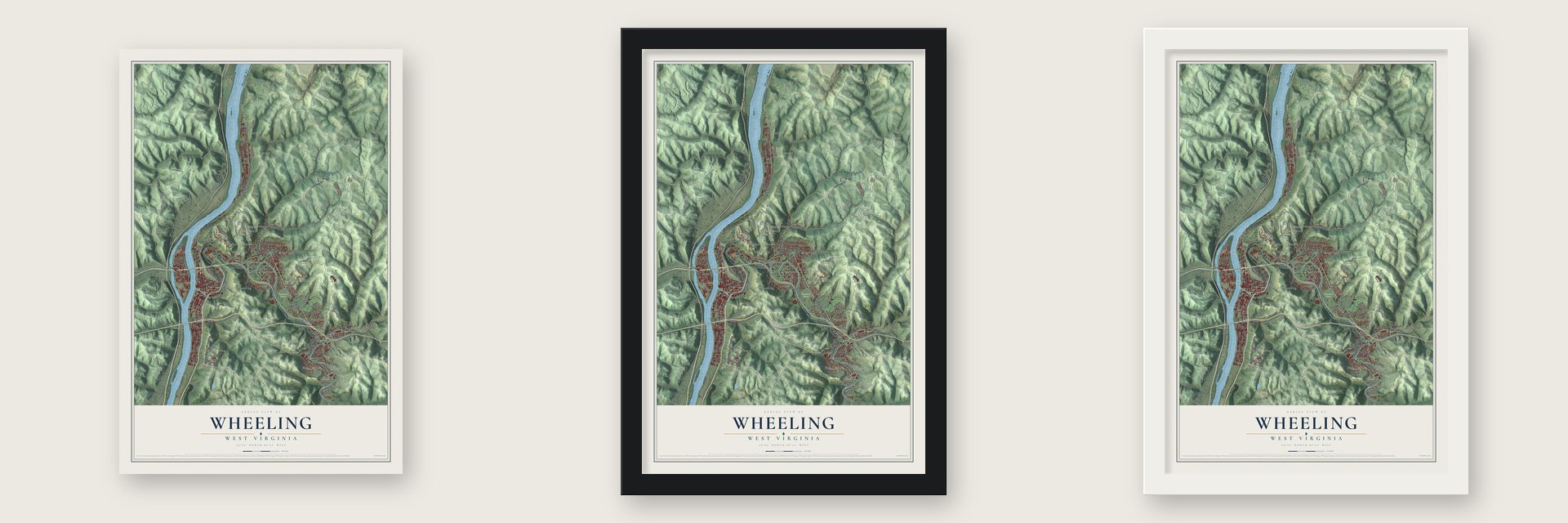 Wheeling, West Virginia map unframed, in a black wood frame and in a white wood frame