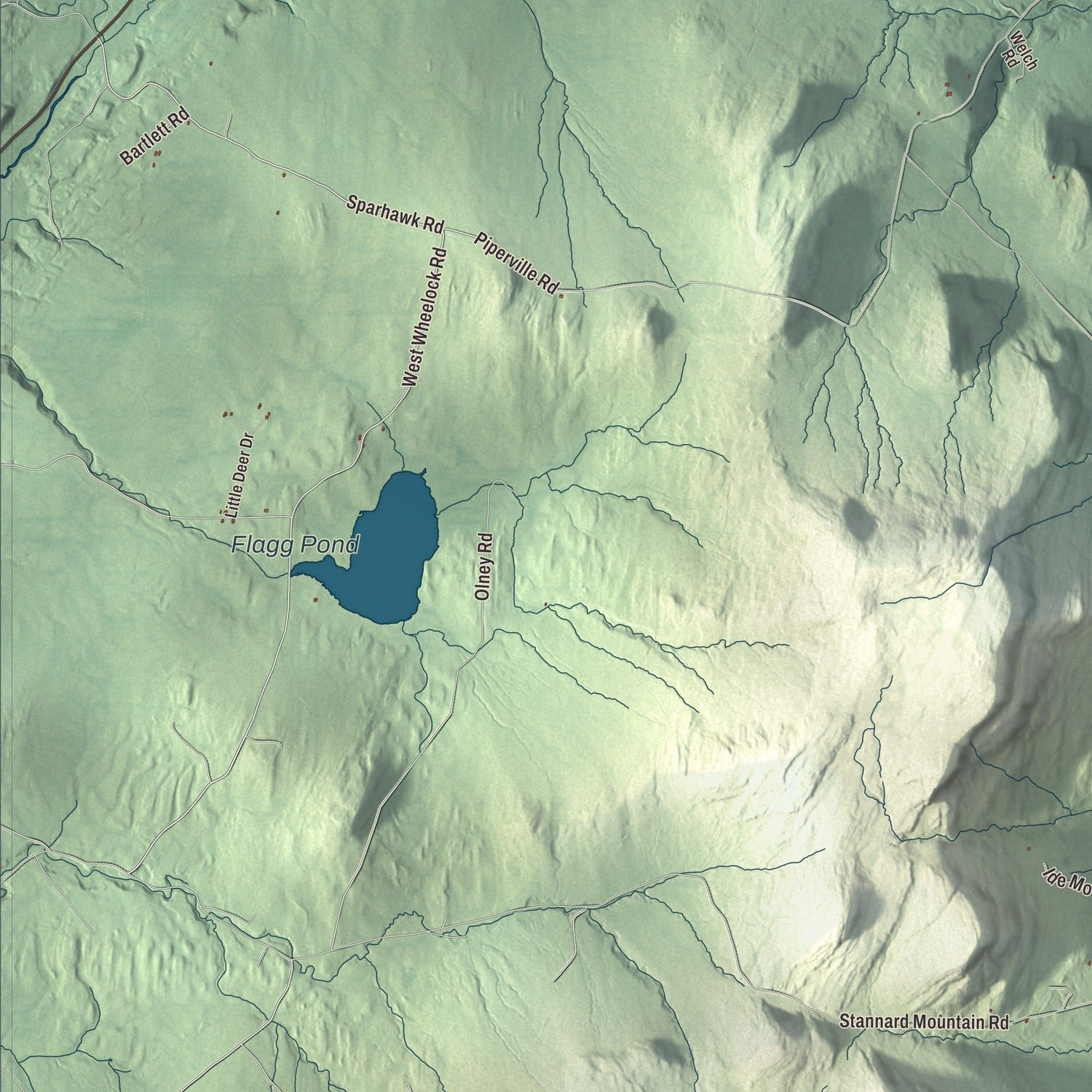 Close-up of the map of Wheelock, Vermont print showing terrain and local geography