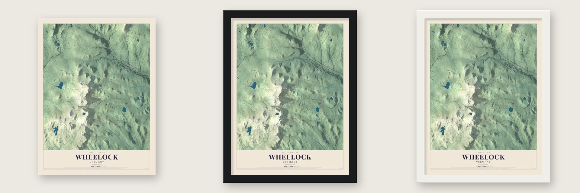 Wheelock, Vermont map unframed, in a black wood frame and in a white wood frame