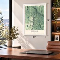 Wheelock, Vermont map, 18 x 24 inch print in a white frame in a home office