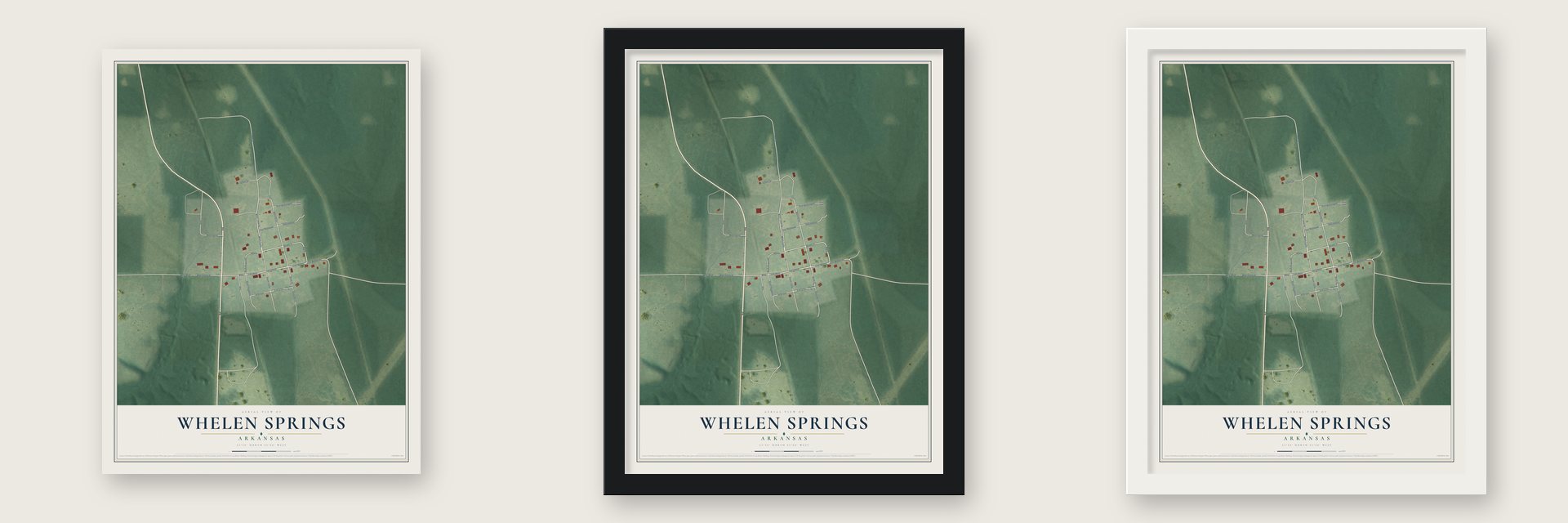 Whelen Springs, Arkansas map unframed, in a black wood frame and in a white wood frame