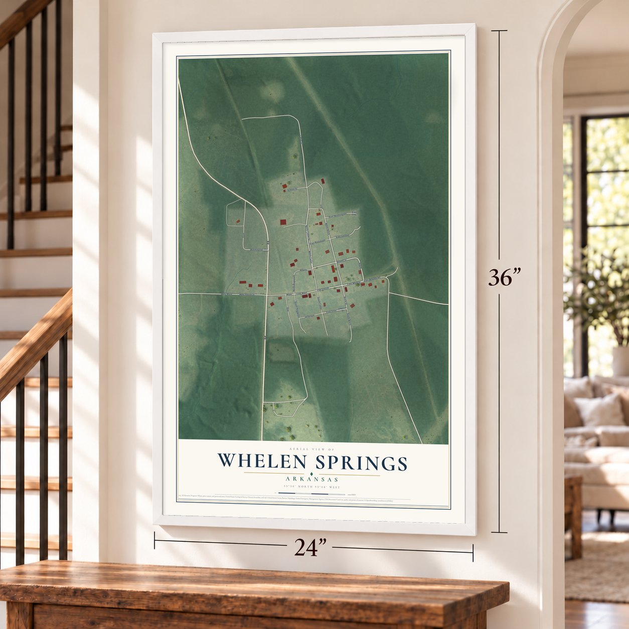 Whelen Springs, Arkansas map, 24 x 36 inch print in a white frame by a staircase