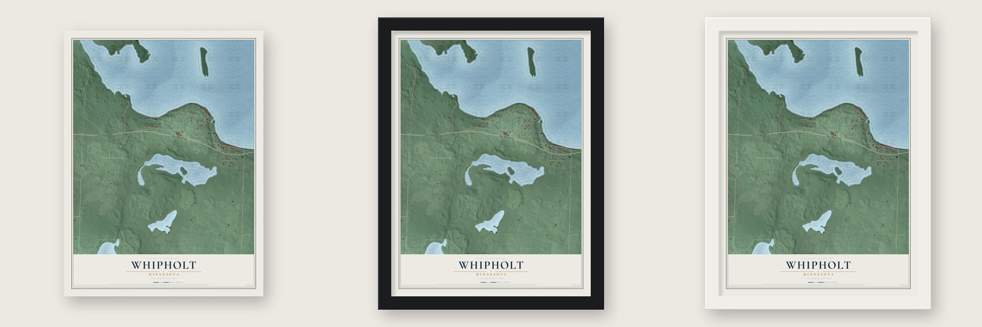 Whipholt, Minnesota map unframed, in a black wood frame and in a white wood frame