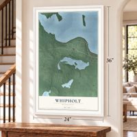 Whipholt, Minnesota map, 24 x 36 inch print in a white frame by a staircase