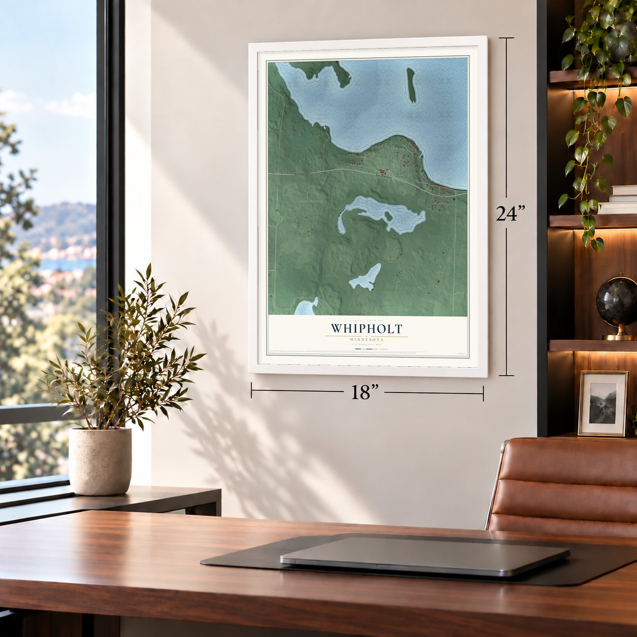 Whipholt, Minnesota map, 18 x 24 inch print in a white frame in a home office