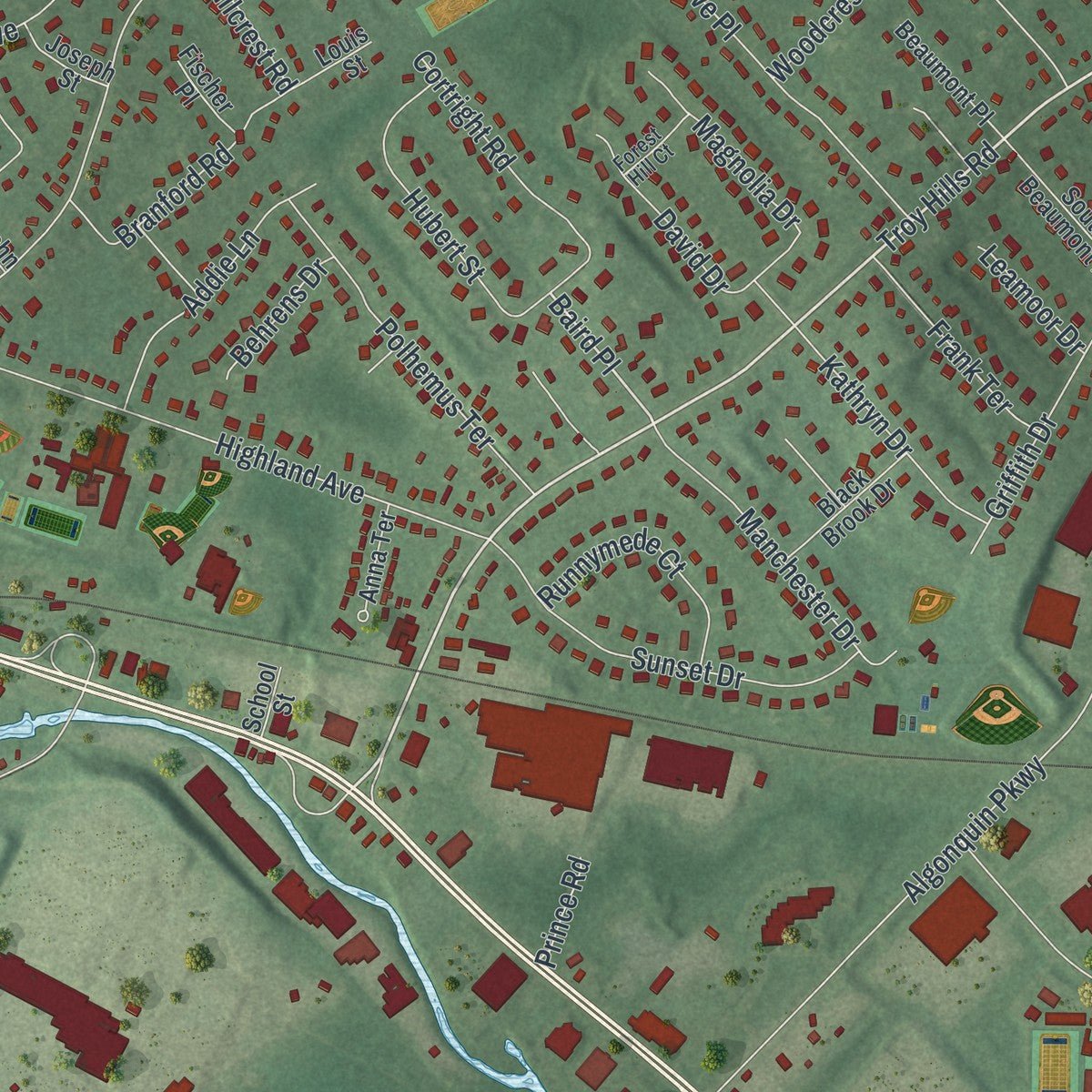 Second close-up of the map of Whippany, New Jersey print showing more streets and buildings