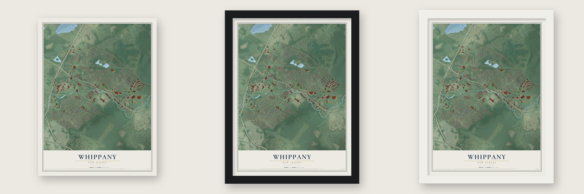 Whippany, New Jersey map unframed, in a black wood frame and in a white wood frame