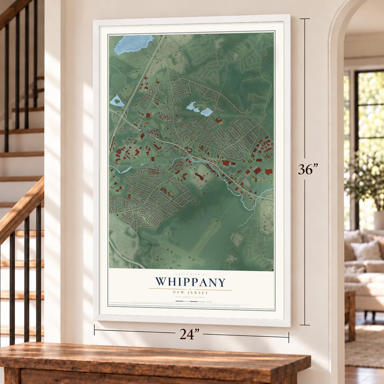 Whippany, New Jersey map, 24 x 36 inch print in a white frame by a staircase
