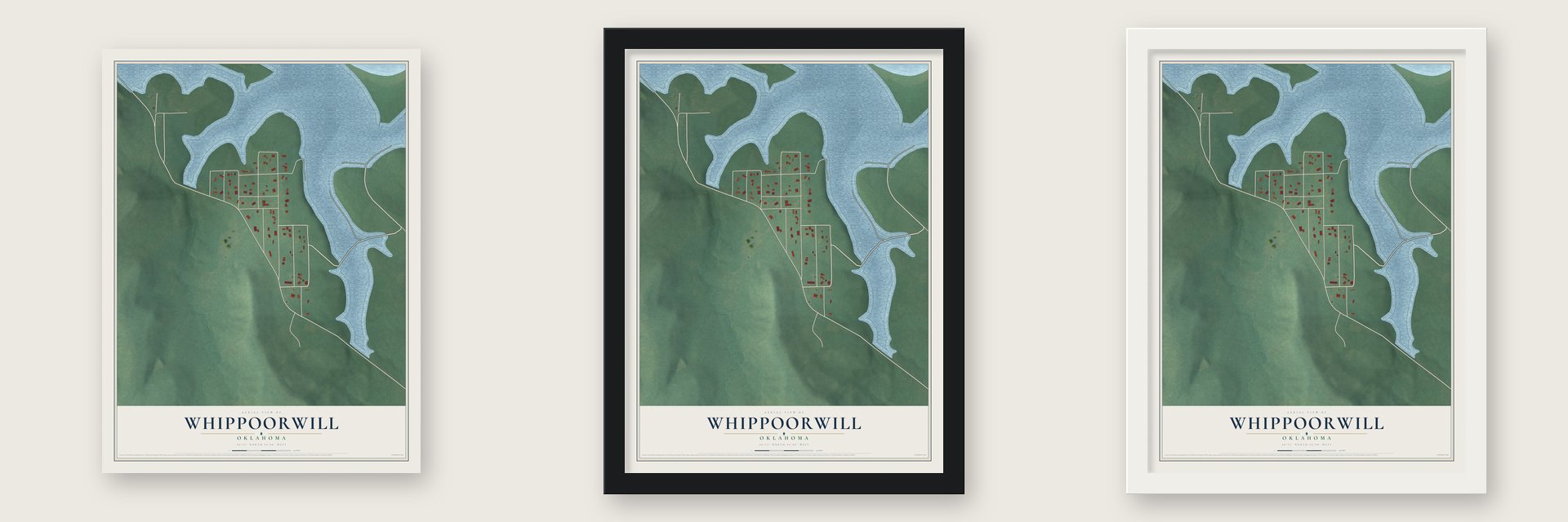 Whippoorwill, Oklahoma map unframed, in a black wood frame and in a white wood frame