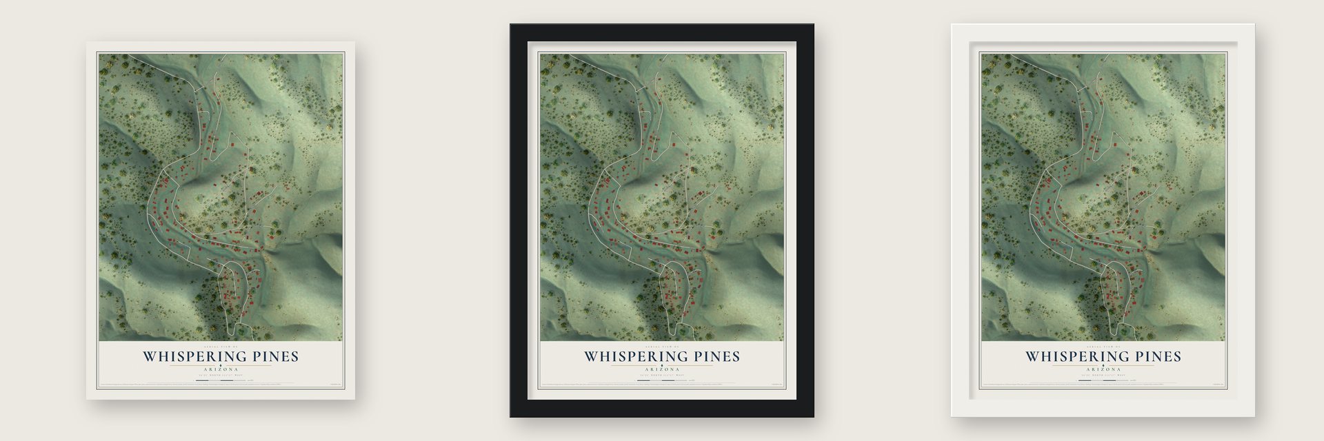 Whispering Pines, Arizona map unframed, in a black wood frame and in a white wood frame