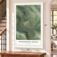 Whispering Pines, Arizona map, 24 x 36 inch print in a white frame by a staircase