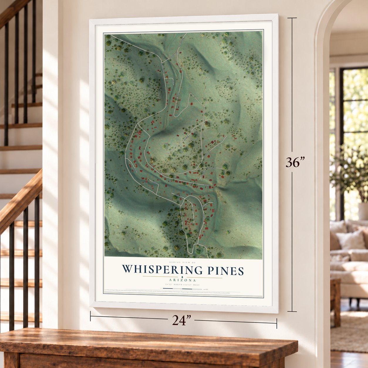Whispering Pines, Arizona map, 24 x 36 inch print in a white frame by a staircase