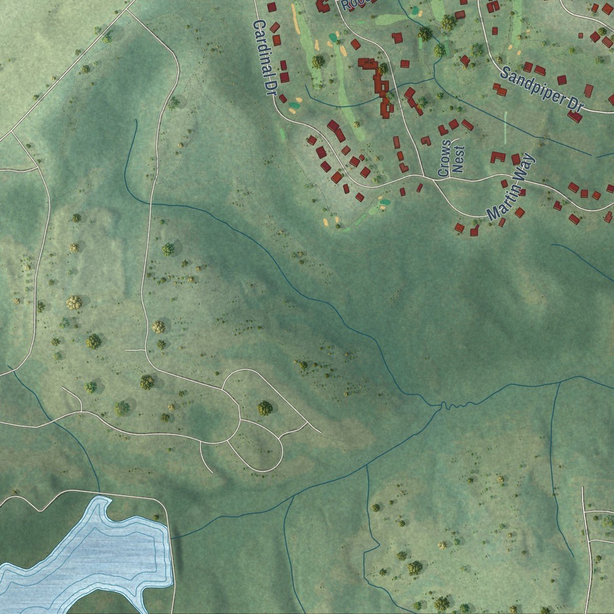 Second close-up of the map of Whispering Pines, North Carolina print showing more streets and buildings