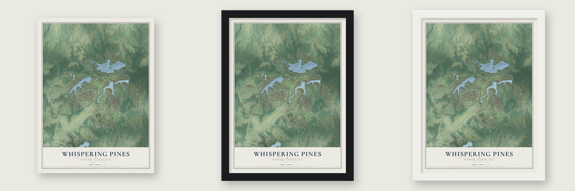 Whispering Pines, North Carolina map unframed, in a black wood frame and in a white wood frame