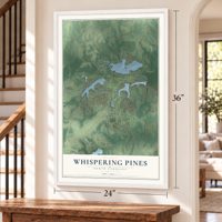 Whispering Pines, North Carolina map, 24 x 36 inch print in a white frame by a staircase