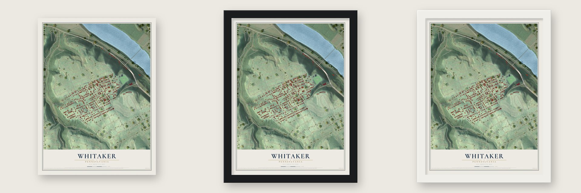 Whitaker, Pennsylvania map unframed, in a black wood frame and in a white wood frame