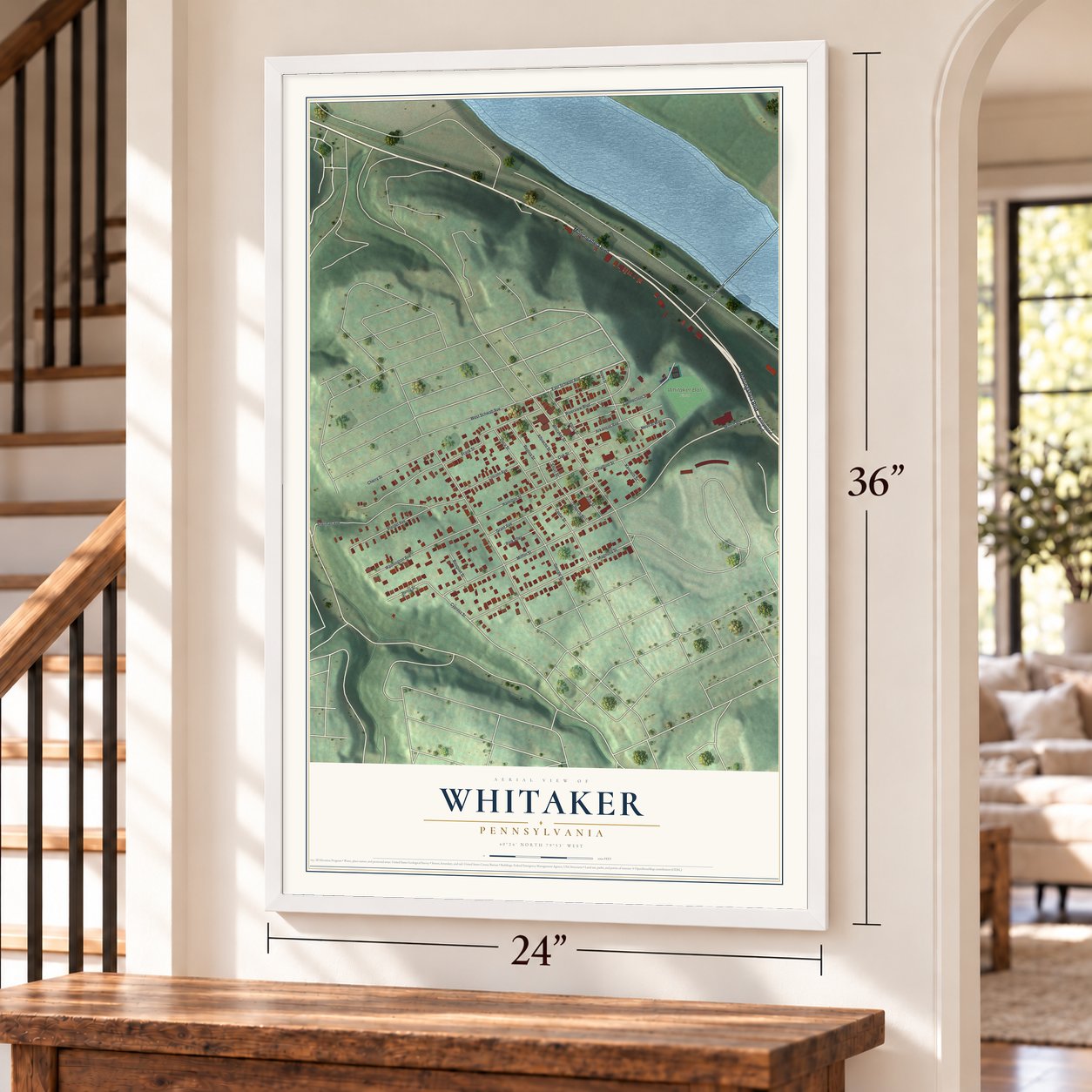 Whitaker, Pennsylvania map, 24 x 36 inch print in a white frame by a staircase