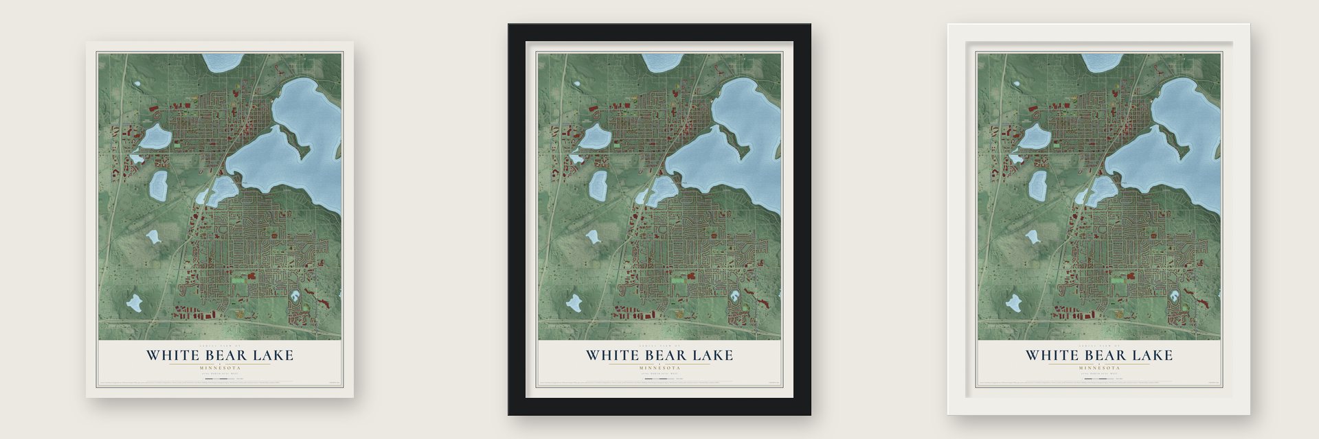 White Bear Lake, Minnesota map unframed, in a black wood frame and in a white wood frame