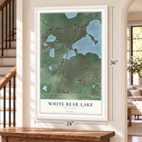 White Bear Lake, Minnesota map, 24 x 36 inch print in a white frame by a staircase