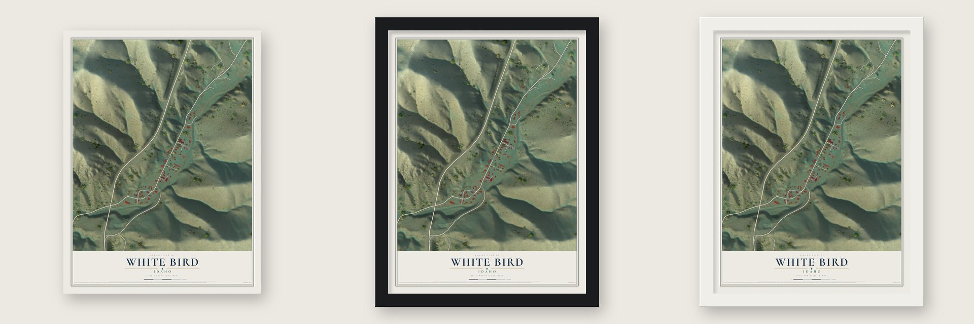 White Bird, Idaho map unframed, in a black wood frame and in a white wood frame