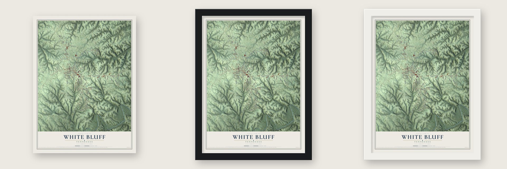 White Bluff, Tennessee map unframed, in a black wood frame and in a white wood frame