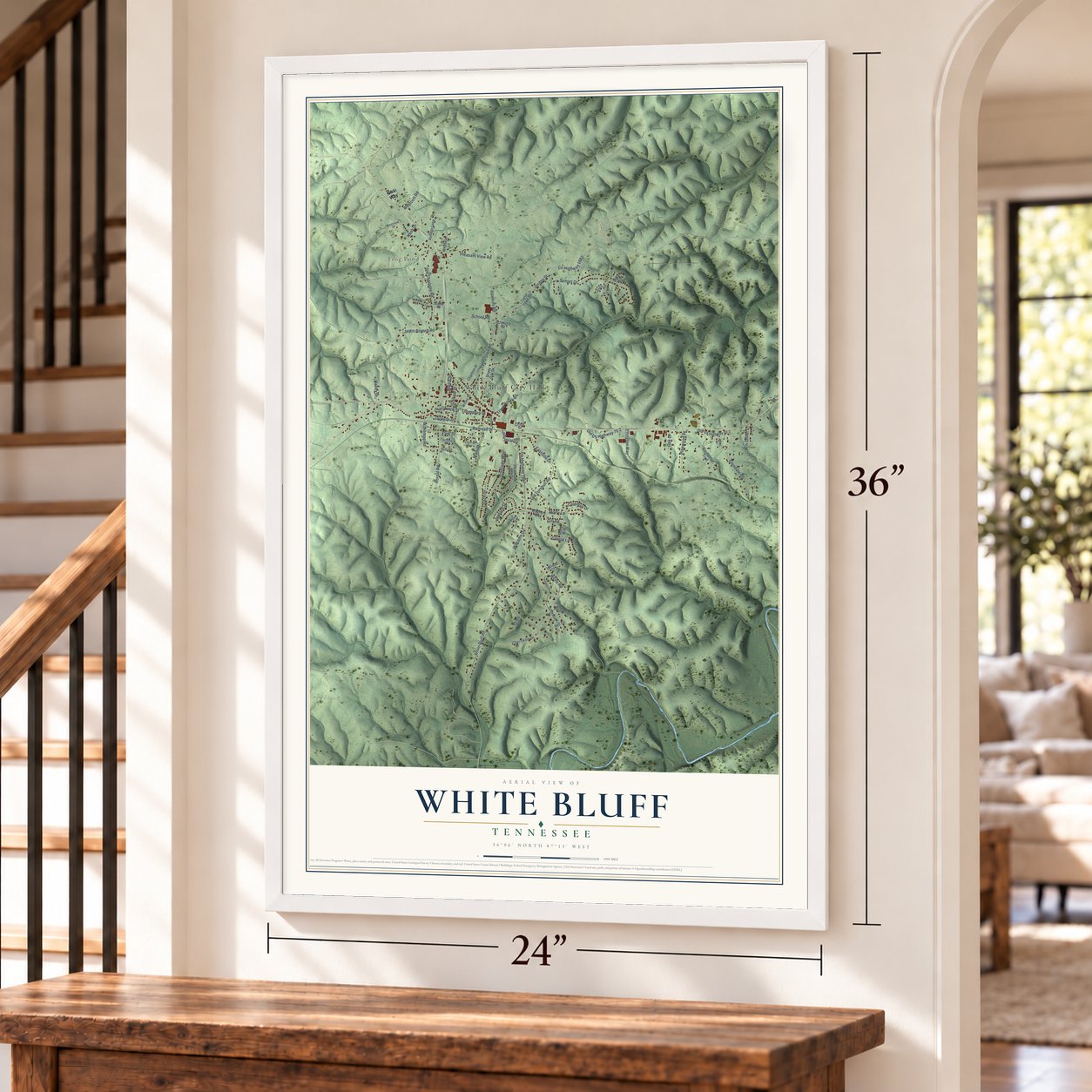 White Bluff, Tennessee map, 24 x 36 inch print in a white frame by a staircase