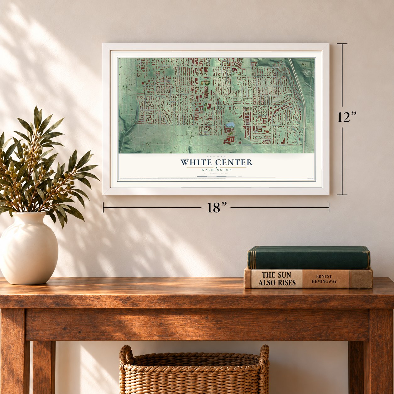 White Center, Washington map, 12 x 18 inch print in a white frame in an entryway