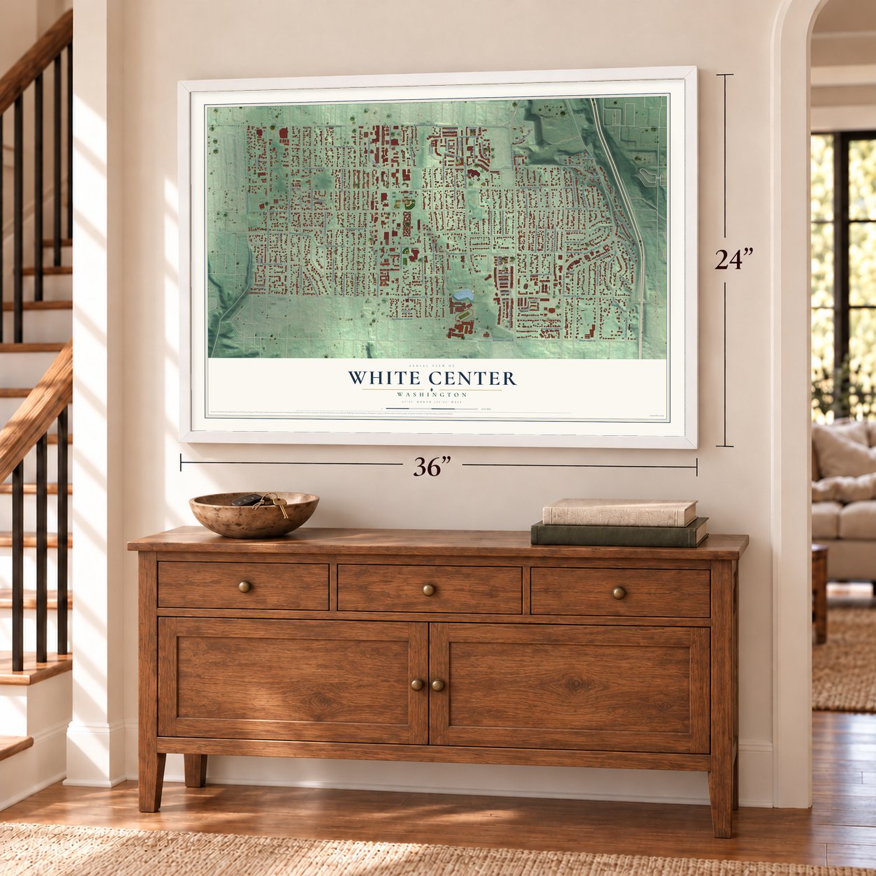 White Center, Washington map, 24 x 36 inch print in a white frame above a dresser by a staircase